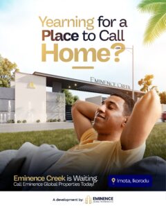 A relaxed man lying on grass in front of the Eminence Creek entrance, with text asking 'Yearning for a Place to Call Home?' The image showcases the luxurious entrance of Eminence Creek development in Imota, Ikorodu, suggesting a peaceful and comfortable living environment.